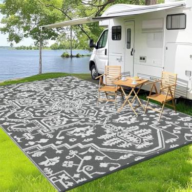 Imagem de Tapete para ambientes externos, 22,5 x 30,5 cm, impermeável, reversível, plástico, palha, medalhão vintage, resistente a manchas, tapete grande, fácil de limpar, para uso interno e externo, para deck