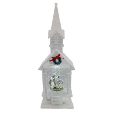 Imagem de Gerson International Globo de Neve Iluminado de Lanterna de Água de Natal de 11" com Glitter Giratório Contínuo - Igreja com Cena de Natividade