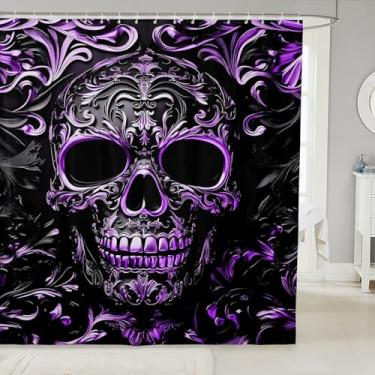 Imagem de Conjunto de cortina de chuveiro gótica, acessórios de banheiro esqueleto roxo 183 cm L x 182 C, crânio de açúcar preto damasco decoração gótica retrô exótica, decoração vitoriana barroca, decorações