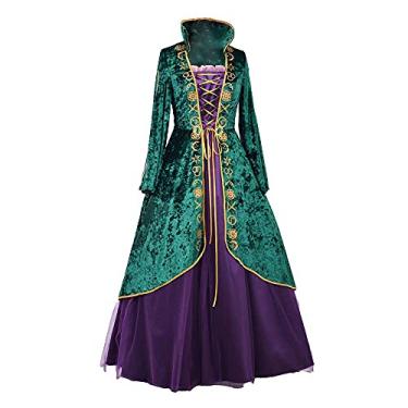 Imagem de CosplayDiy Vestido de veludo verde medieval fantasia de bruxa cosplay roupão adulto para mulheres plus size