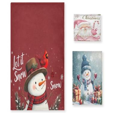 Imagem de Pacote com 3 toalhas de mão com boneco de neve de Natal, Papai Noel, decorativo, inverno, floco de neve, vermelho, azul, rosa, algodão de Natal, conjunto de toalhas macias para rosto, spa, banho