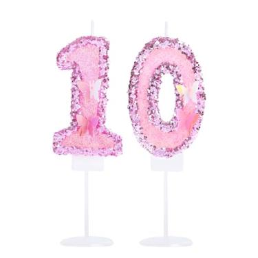 Imagem de Kinsynko Número 10 vela de lantejoulas rosa 10 velas de aniversário para princesas meninas 10º aniversário tema borboleta decorações de festa topo de bolo