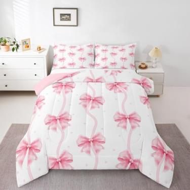 Imagem de Erosebridal Conjunto de cama solteiro com laço rosa, estilo princesa, para crianças, adolescentes e adolescentes, edredom fofo com laço, kawaii, sonhador, decoração de quarto