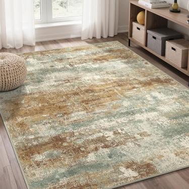 Imagem de Tapetes de área 12 x 18 cm para sala de estar, quarto, abstrato, lavável à máquina, grande, laranja, verde, tapete macio, tapete baixo com suporte antiderrapante para sala de jantar