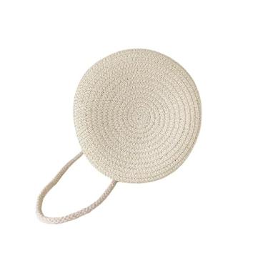 Imagem de Bolsa de praia feminina bolsa redonda de palha bolsa transversal de verão(Bege)