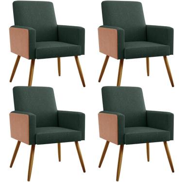 Imagem de Kit 04 Poltronas Decorativa Maria W01 Pés Palito Linho Verde Musgo Couríssimo Camel - Lyam Decor