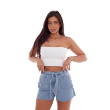 Imagem de SHORTS JEANS FEMININO MOM COM ILHOS E CINTO EMBUTIDO NO CÓS PARA AMARRAÇÃO 21666-Feminino