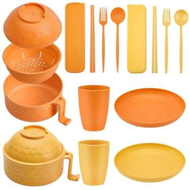 Imagem de Romooa Conjunto de panela de ramen de micro-ondas para micro-ondas com canudo de trigo e tigela de ramen de 935 g, pratos, copos e caixa de talheres, pode ser lavado na lava-louças, dormitório