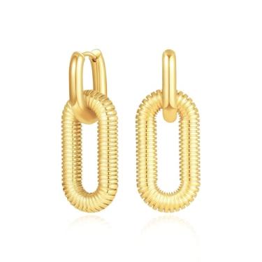 Imagem de Follome Brincos femininos com clipe de papel dourado banhado a ouro 18 quilates oval argola retangular argolas quadradas em forma de U brincos de argola grossa, Aço inoxidável, Sem pedra preciosa