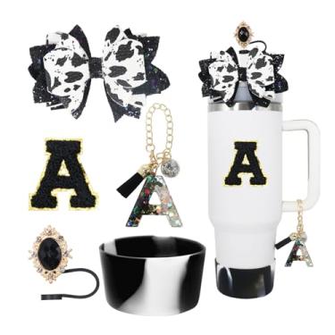 Imagem de RENUIS Conjunto de 5 peças de acessórios para copo Stanley de 30 e 1,134 g com alça, incluindo topo de palha, bota de silicone com glitter, decoração de arco de palha, pingente de letra de