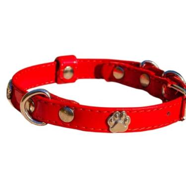 Imagem de Coleira Cachorro Couro Legítimo Rosa Filhote Delicada Passear Moda Fina Ajustável Confortável Moda(Vermelho Verniz,M)