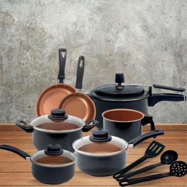 Imagem de Conjunto de Panelas Antiaderente 6 Peças com Panela de Pressão 2,5L – Tampa de Vidro e Utensílios de Nylon (Cobre)