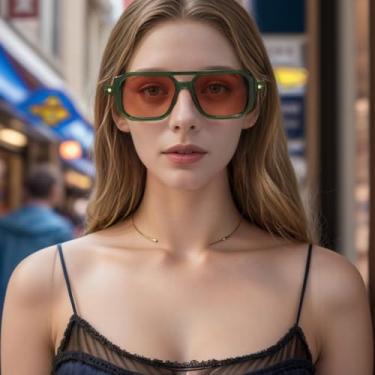 Imagem de Óculos de sol vintage quadrados planos aviador para mulheres – Óculos de sol masculinos retrô estilo anos 70 armação verde, Verde claro/laranja gradiente, Medium