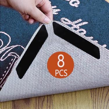 Imagem de 8 peças de fita de tapete, almofadas antiderrapantes para pisos e azulejos de madeira, fita de carpete reutilizável para tapetes de área, adesivos de tapete adesivo de dupla face mantêm os cantos