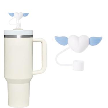 Imagem de Capa de palha de silicone com asas azuis de coração branco para tampas de palha de 10 mm para acessórios de copo Stanley, bonito topo de palha para copos tampa de palha para tampas de ponta de canudos