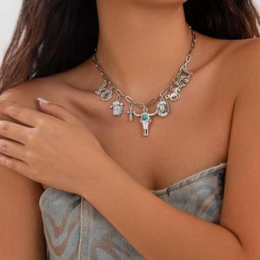 Imagem de Colar elegante com pingente de cacto com turquesa sintética e franjas multicamadas, joia de liga de liga para mulheres, perfeito para o dia a dia ou moda boho, One Size, Liga de aço, Sem Pedra