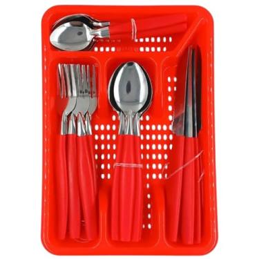 Imagem de Conjunto de Talheres 25 Peças em Aço Inox com Porta-Talheres, Faqueiro para 6 Pessoas, Colheres, Garfos, Facas, Vermelho, Design Moderno