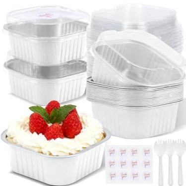 Imagem de ylnurac Pacote com 20 mini formas de bolo de 283 g com tampas, copos quadrados de folha de alumínio para brownie, forma de cupcake grande descartável de 10 x 10 cm, suporte de ramequins de lata para