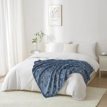 Imagem de Cobertor de flanela tamanho solteiro para todas as estações, cobertores de cama ultra macios com padrão floral azul marinho respirável acolchoado para adolescentes, 152 x 213 cm
