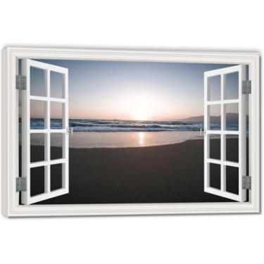 Imagem de Pôr do sol na praia Impressão artística em tela de ilusão de janela falsa, arte de parede com vista panorâmica real para sala de estar 50 x 75 cm emoldurada