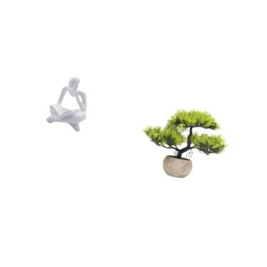 Imagem de Fenteer Decoração de Estátua de Pensador Abstrato, árvore de Bonsai Artificial, Planta Falsa, Mesa, Prateleira para Sala de Estar, Estante de Escritório, Cole