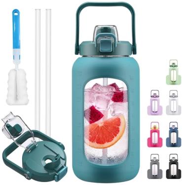 Imagem de HYDRAGLAZIC Parafusos de água de vidro de 2,041 g com canudo, bico e tampa 2 em 1, garrafa de água de meio galão com marcador de tempo e manga de silicone, garrafa de água esportiva sem BPA para
