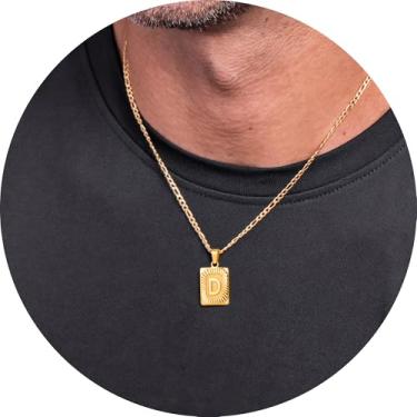 Imagem de Colar masculino com inicial, pingente de letra retangular de A a Z, corrente de aço inoxidável banhada a ouro, joia de monograma personalizada, 20in, Aço inoxidável, Sem Pedra Preciosa