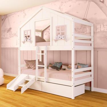 Imagem de Beliche Casinha Dos Sonhos Com 02 Gavetas Kit Escada/ Escorregador Madeira Maciça Branco/ Rosa Megamobilia