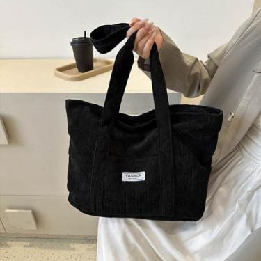 Imagem de Bolsa feminina de veludo cotelê, bolsa de ombro de lona com bolsos para viagem, trabalho, compras, academia, armazenamento mochila carteira, Preto - A, Small