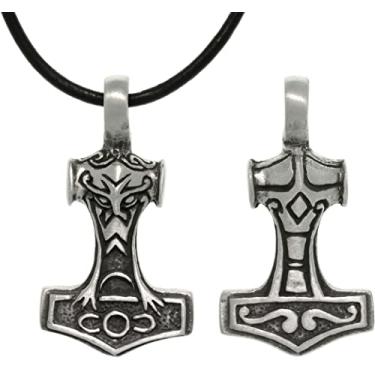 Imagem de Jewelry Trends Colar de couro preto com pingente de martelo Thor de dois lados em estanho com 45,7 cm