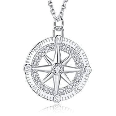 Imagem de JAXI Colar com pingente de bússola para mulheres - Colar de latão com zircônia cúbica, colar de bússola banhada a ouro e ouro branco, presentes inspiradores e de formatura para ela, Length: 16+2 inch