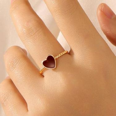 Imagem de Anéis de ouro aberto para mulheres vermelho amor em forma de coração de aço inoxidável banhado a ouro aberto empilhável noivado sem desbotamento design Valentine Wedding Engagement Statement Ring, 7