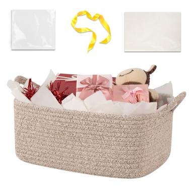 Imagem de OIASKER Cesta de presente vazia, linda cesta de tecido com saco de presente, fita e papel de embrulho, armazenamento de brinquedo de corda pequena com alças para chá de bebê, fraldas, organizador de