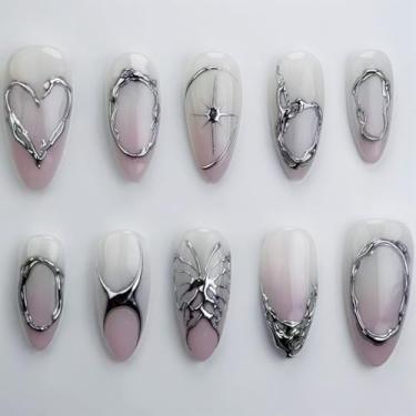 Imagem de Unhas de pressão de amêndoa média, ombré, nude, branco, cola falsa, com design de estrela de prata, cobertura completa, bastão falso artificial em unhas de acrílico para mulheres, 24 peças