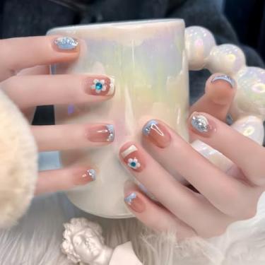 Imagem de Unhas postiças curtas quadradas azuis francesas com design simples de flores, strass, cobertura completa, cola em bastão falso artificial em unhas de acrílico para mulheres, casamento, 24 peças