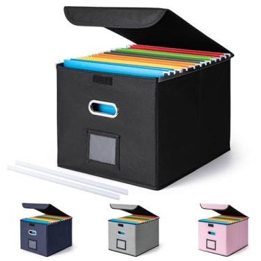 Imagem de CADONO Caixa organizadora de arquivos com tampa, organizador grande de pastas de arquivos com corrediça de plástico, caixas de armazenamento portáteis dobráveis para escritório/decoração/casa (preto