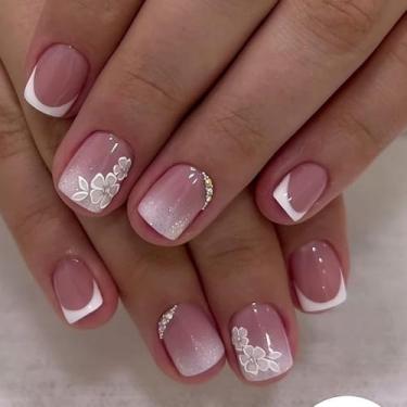 Imagem de Unhas postiças curtas quadradas francesas brancas com design simples de flores, strass, cobertura completa, cola em bastão falso artificial em unhas de acrílico para mulheres, casamento, 24 peças