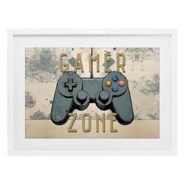 Imagem de Stupell Industries Gamer Zone com fundo abstrato impressão emoldurada branca sob vidro, design por Kim Allen, 43 x 58