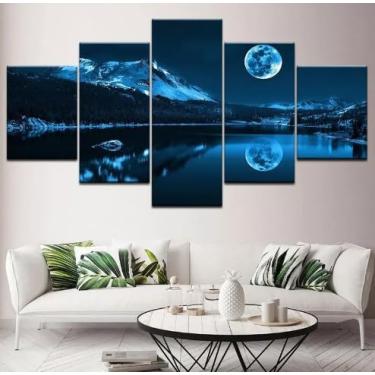 Imagem de Kit quadro decorativo 5 peças 95x60cm Lua Cheia Lago Montanha Paisagem