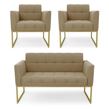 Imagem de Kit 1 Sofá Namoradeira E 2 Poltronas Elisa Suede Marrom Rato Base Metálica Industrial Dourada