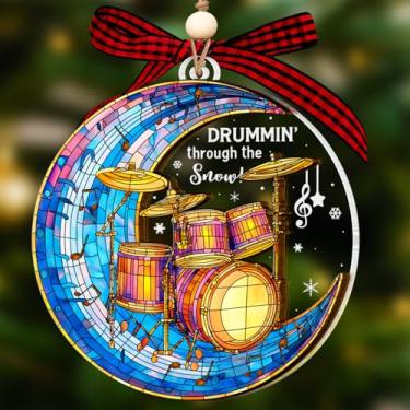 Imagem de Enfeite de Natal de tambor de madeira acrílica 2 camadas design impresso dupla face, enfeite de tambor para árvore, enfeite de bengala musical, enfeite de Natal, tambores para decoração de presente