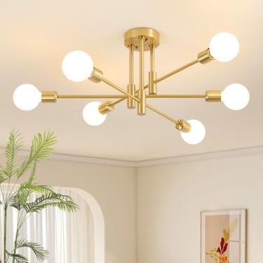 Imagem de Biewalk Lustre Sputnik moderno, luz de teto de 6 luzes de meados do século, luminária Sputnik para quarto, sala de jantar, cozinha, escritório (ouro)