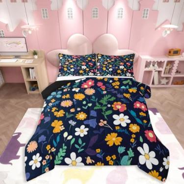 Imagem de jejeloiu Conjunto de cama floral macio para meninos e meninas, botânico, tamanho solteiro, edredom de flor de microfibra, decoração de quarto, 2 peças com 1 fronha