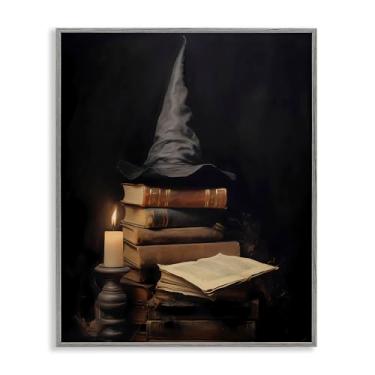 Imagem de Stupell Industries Bookstack and Witch Hat Arte giclée emoldurada preta, design por LSR Design Studio, 20 x 16