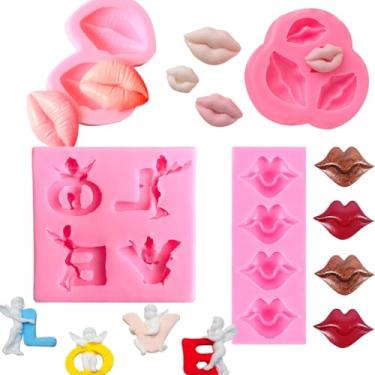 Imagem de Conjunto de moldes de fondant de Dia dos Namorados, tema do dia dos namorados, silicone lábio, coração, forma de cupido, para topos de bolo, chocolate, argila de polímero, artesanato, 4 peças