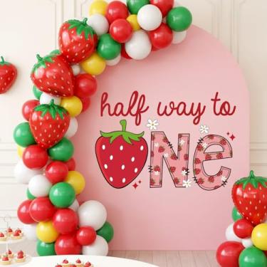 Imagem de Decorações Half Way to One Baby Girl - Decalque de sinal Ohmique Half Way to One para arco de balões, tema de morango vermelho 1/2 decalque de decorações de aniversário, decoração de fundo de festa de