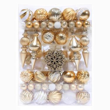 Imagem de HipTree Conjunto de enfeites de árvore de Natal - 116 unidades de ouro branco sortido 1,18-6,5 polegadas enfeites de bola de Natal decorativos à prova de estilhaçamento a granel, decorações de mesa de