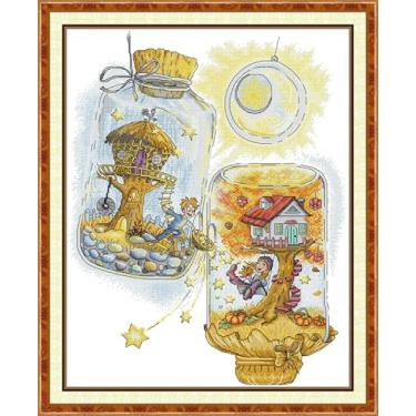 Imagem de CrossNest Kit de ponto cruz contado de 14 quilates para iniciantes, conjunto completo de bordado DIY não impresso com padrão e ferramentas, pano Aida premium e fios (garrafa de desejos de casal)