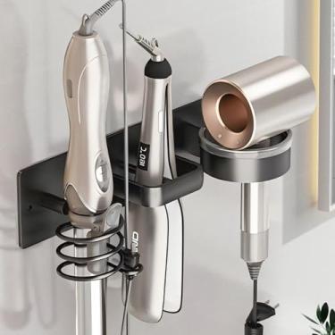 Imagem de HOHOWU Suporte de secador de cabelo montado na parede, secador de cabelo, modelador de cachos, suporte de alisador 3 em 1 rack organizador de ferramentas de cabelo de metal para banheiro - PRETO-1
