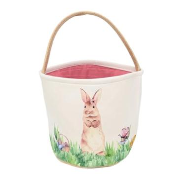 Imagem de Cesta de Páscoa com design de coelho em aquarela, grande serapilheira de 22 x 23 cm, interior forrado rosa ou azul para caça aos ovos de Páscoa e decoração de primavera (rosa)